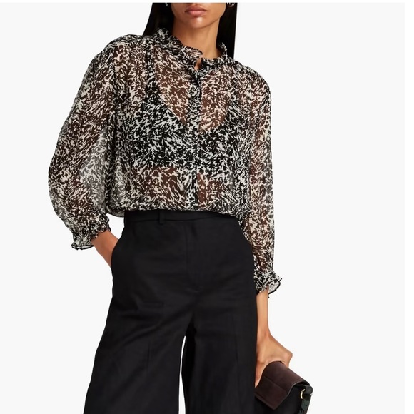 ba&sh Elia Ruffle Button Down Blouse Black White Print Small NWT - Picture 15 of 15
